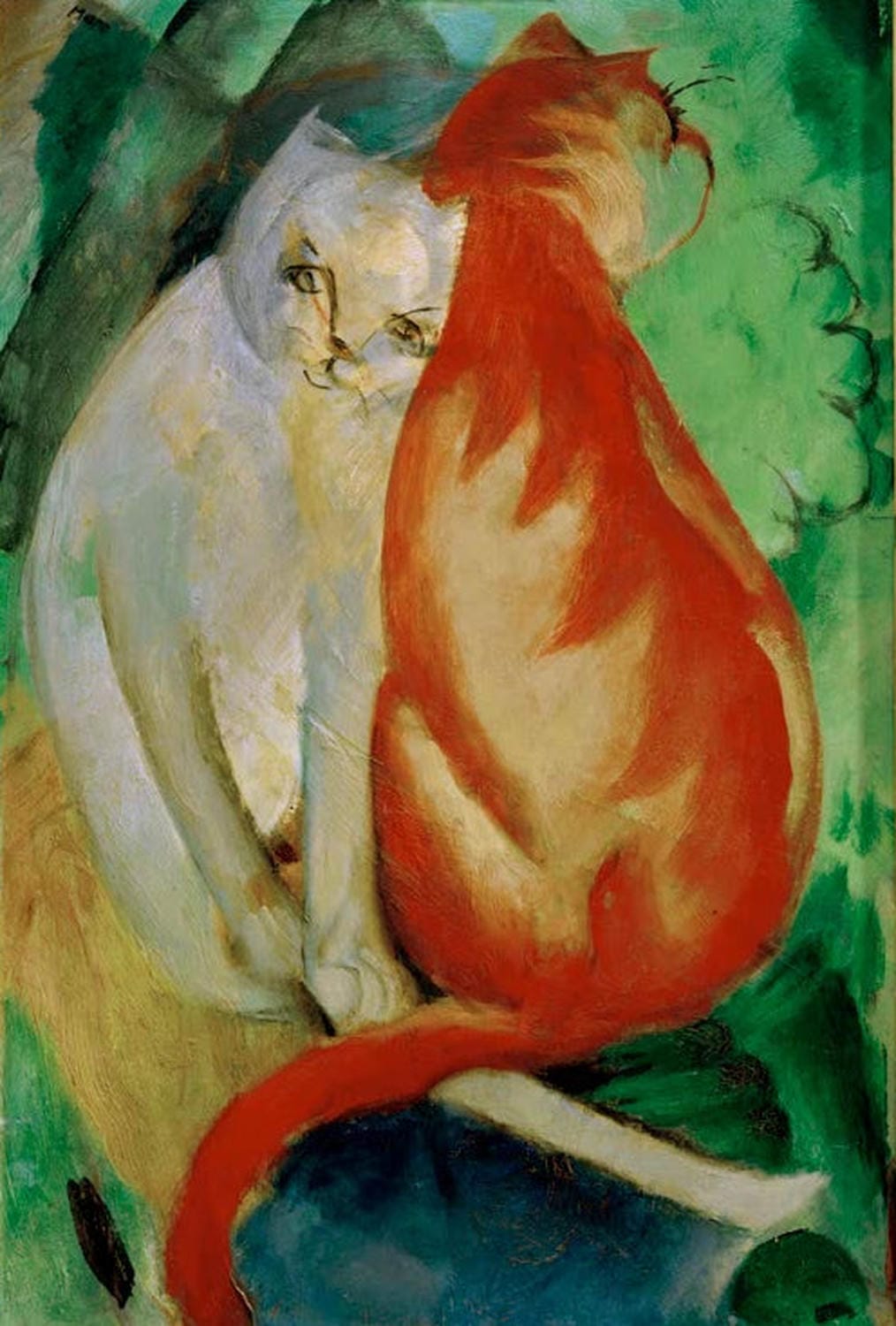 Kunstdruck „Katzen, rot und weiß“ von Franz Marc – farbenfrohes expressionistisches Katzenpaar als hochwertiger Kunstdruck, auf Leinwand oder Poster, optional gerahmt, handgefertigt in Deutschland.