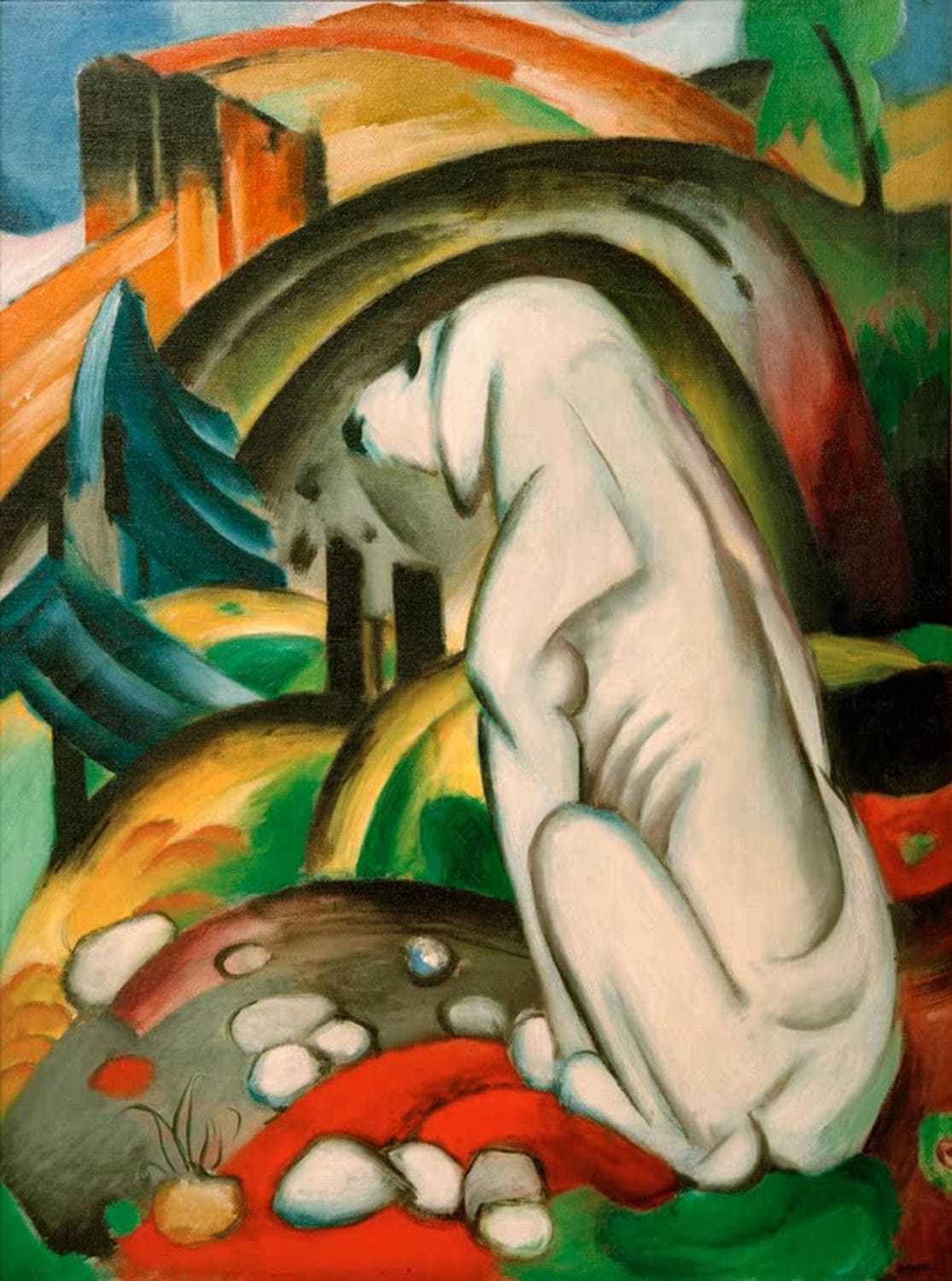 Kunstdruck „Der weiße Hund“ von Franz Marc – expressionistisches Tierporträt eines Hundes als hochwertiger Kunstdruck, auf Leinwand oder Poster, optional gerahmt, handgefertigt in Deutschland.