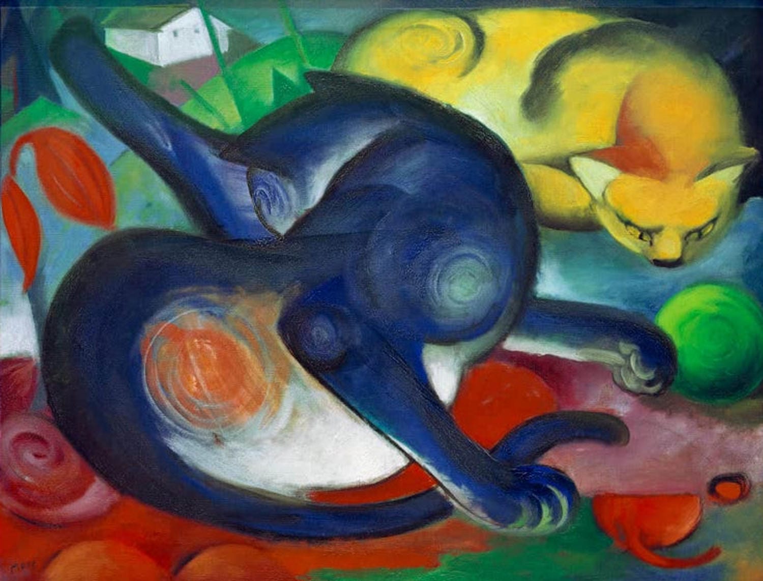 Kunstdruck „Zwei Katzen, blau und gelb“ von Franz Marc – farbenfrohes expressionistisches Katzenpaar als hochwertiger Kunstdruck, auf Leinwand oder Poster, optional gerahmt, handgefertigt in Deutschland.