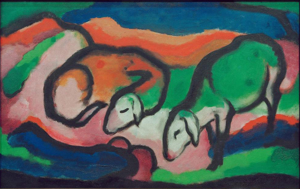 Expressionistische Darstellung mehrerer Schafe in farbiger Landschaft, Gemälde Schafe von Franz Marc.
