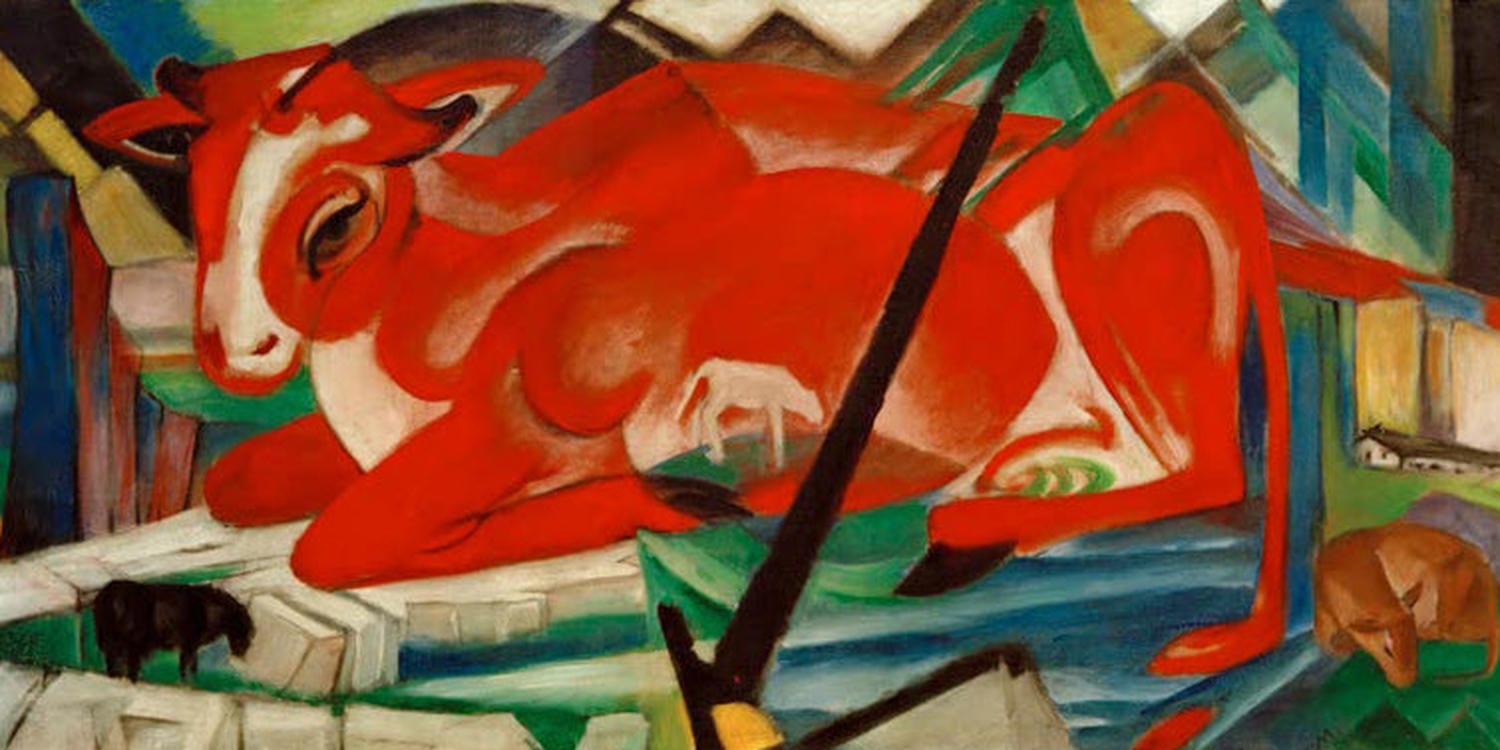 Kunstdruck "Die Weltenkuh" von Franz Marc im expressionistischen Stil