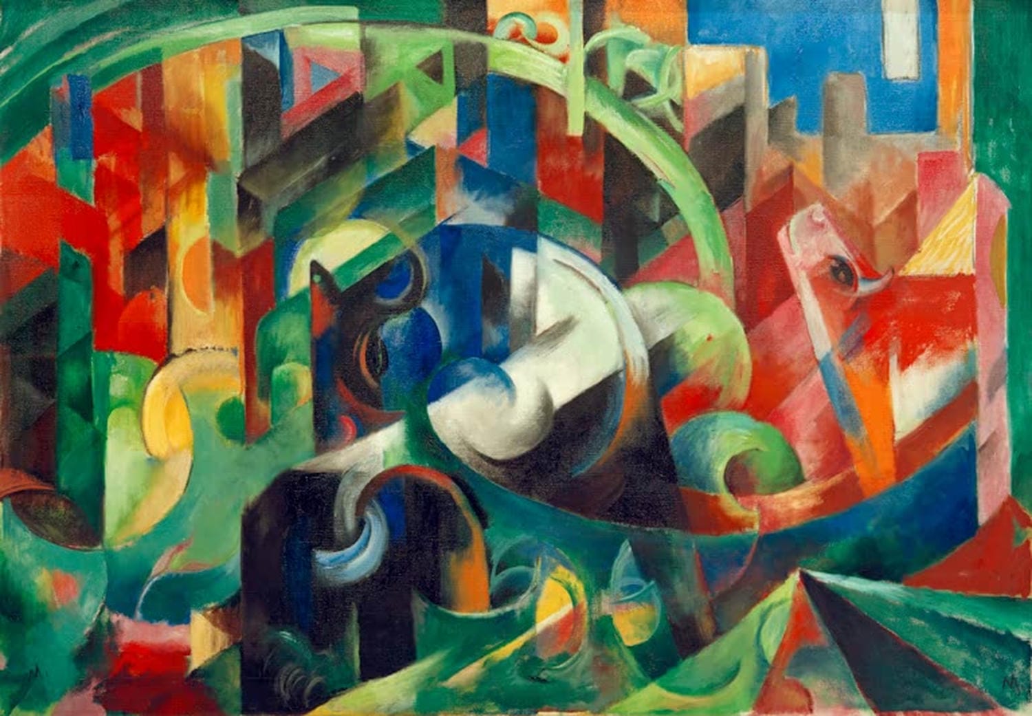 Kunstdruck „Gemälde mit Rindern“ von Franz Marc – expressionistisches Rindermotiv als hochwertiger Kunstdruck, auf Leinwand oder Poster, optional gerahmt, handgefertigt in Deutschland.