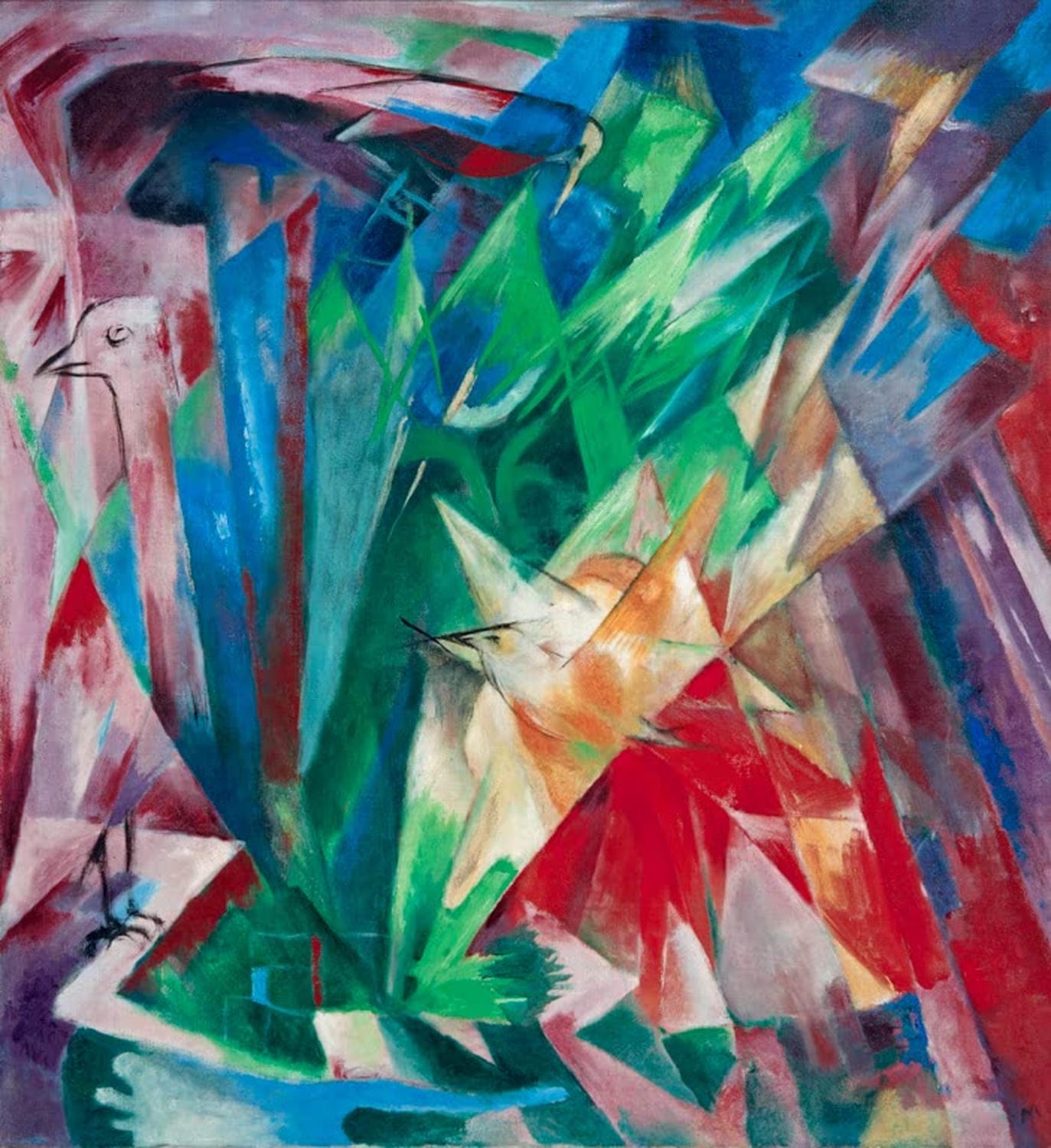 Kunstdruck „Vögel“ von Franz Marc – farbenfrohes expressionistisches Vogelmotiv als hochwertiger Kunstdruck, auf Leinwand oder Poster, optional gerahmt, handgefertigt in Deutschland.