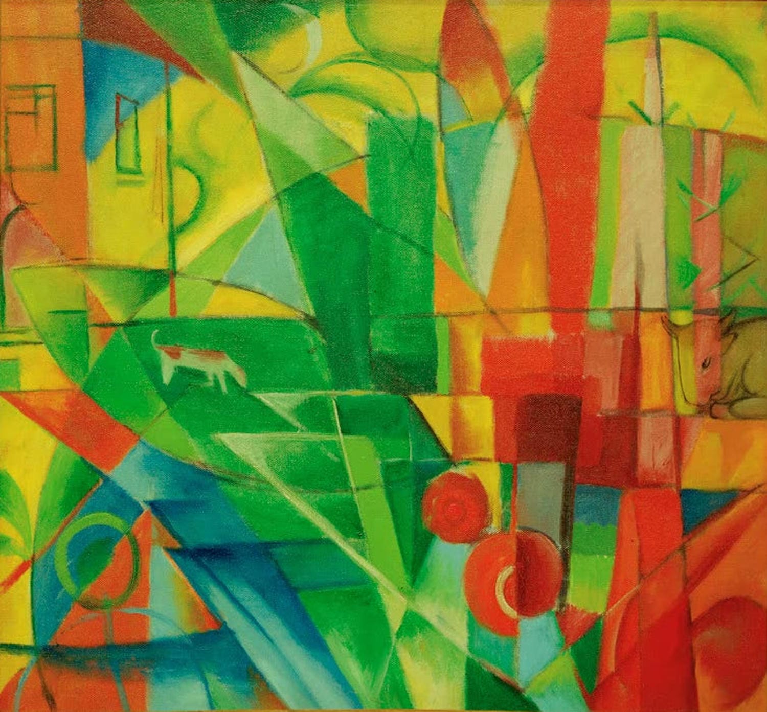 Kunstdruck „Landschaft mit Haus, Hund und Rind“ von Franz Marc – friedvolle expressionistische Landschaft mit Tieren als hochwertiger Kunstdruck, auf Leinwand oder Poster, optional gerahmt, handgefertigt in Deutschland.