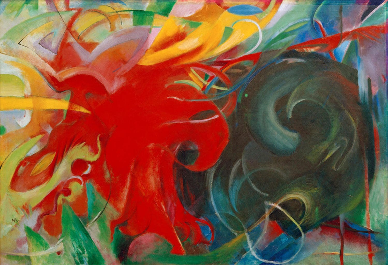Abstrakte, farbintensive Darstellung kämpfender Tiere in dynamischer Bewegung von Franz Marc.