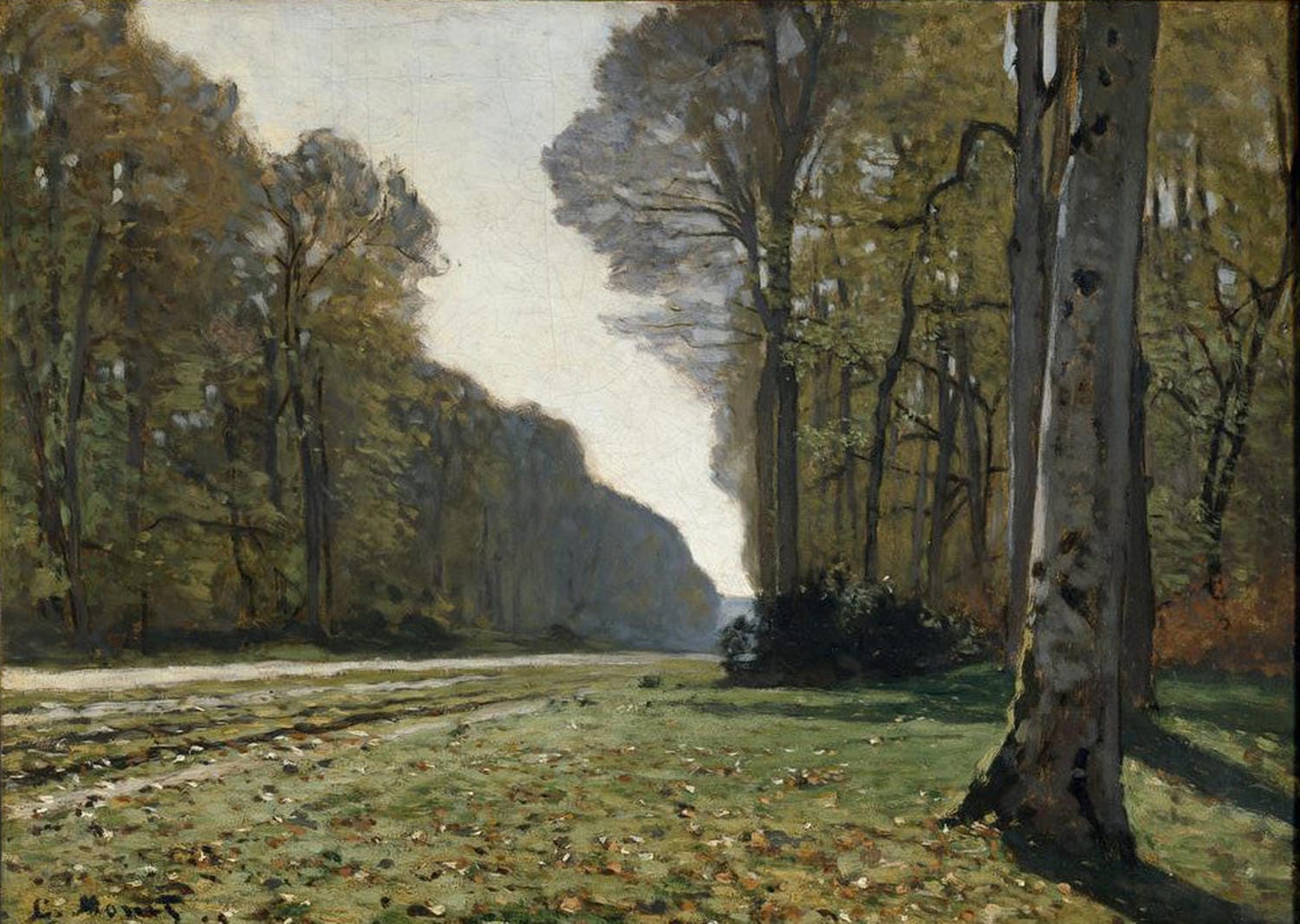 Kunstreproduktion von Die Straße von Chailly im Wald von Fontainebleau von Claude Monet mit herbstlicher Waldallee.