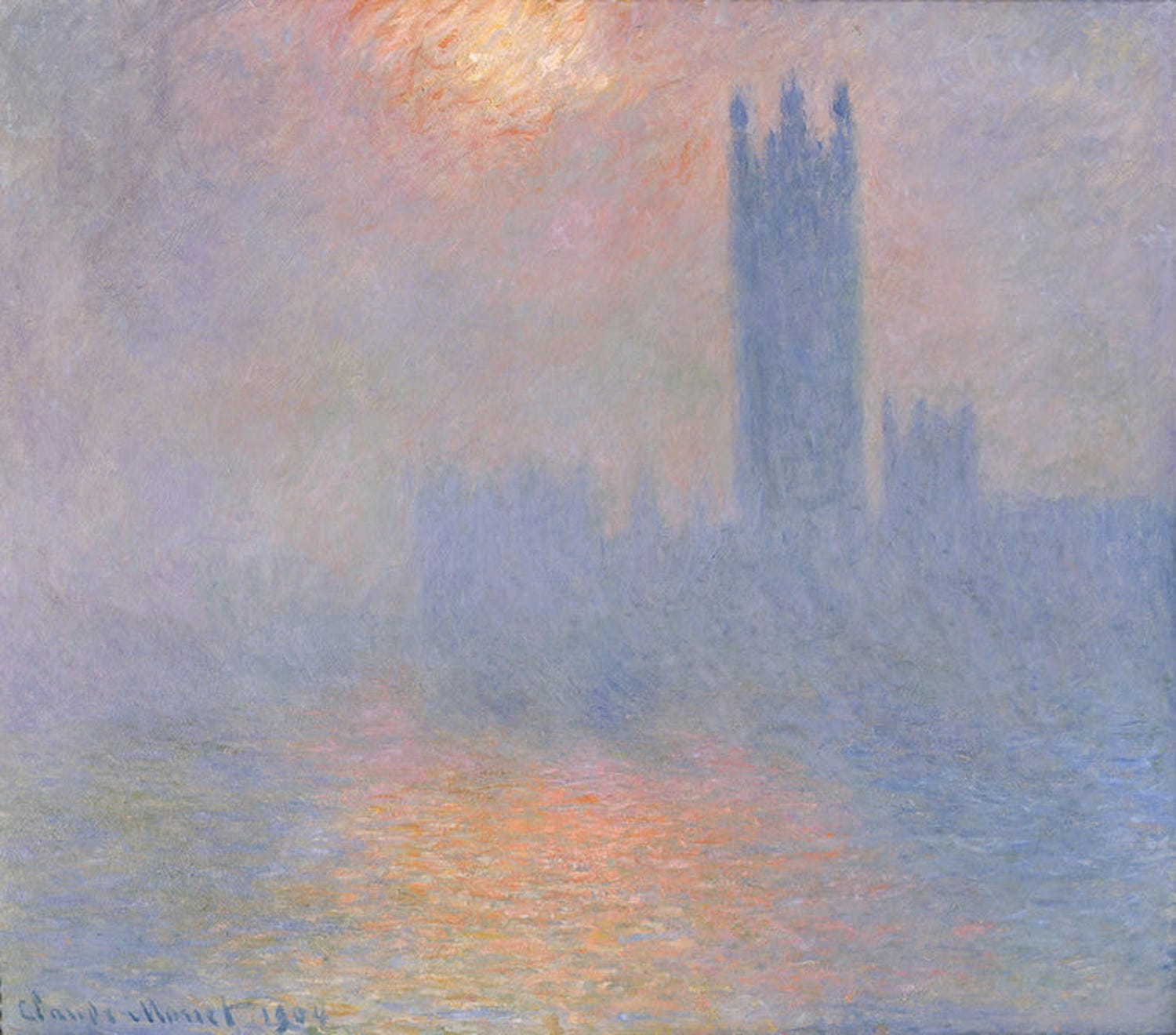 Das Gemälde zeigt das britische Parlament in London, umgeben von Nebel und einem Sonnenloch. Die düstere, neblige Atmosphäre wird von den sanften Lichtern des Sonnenstrahls durchbrochen, der die Silhouette des Parlaments in verschwommenen Formen erscheinen lässt. 