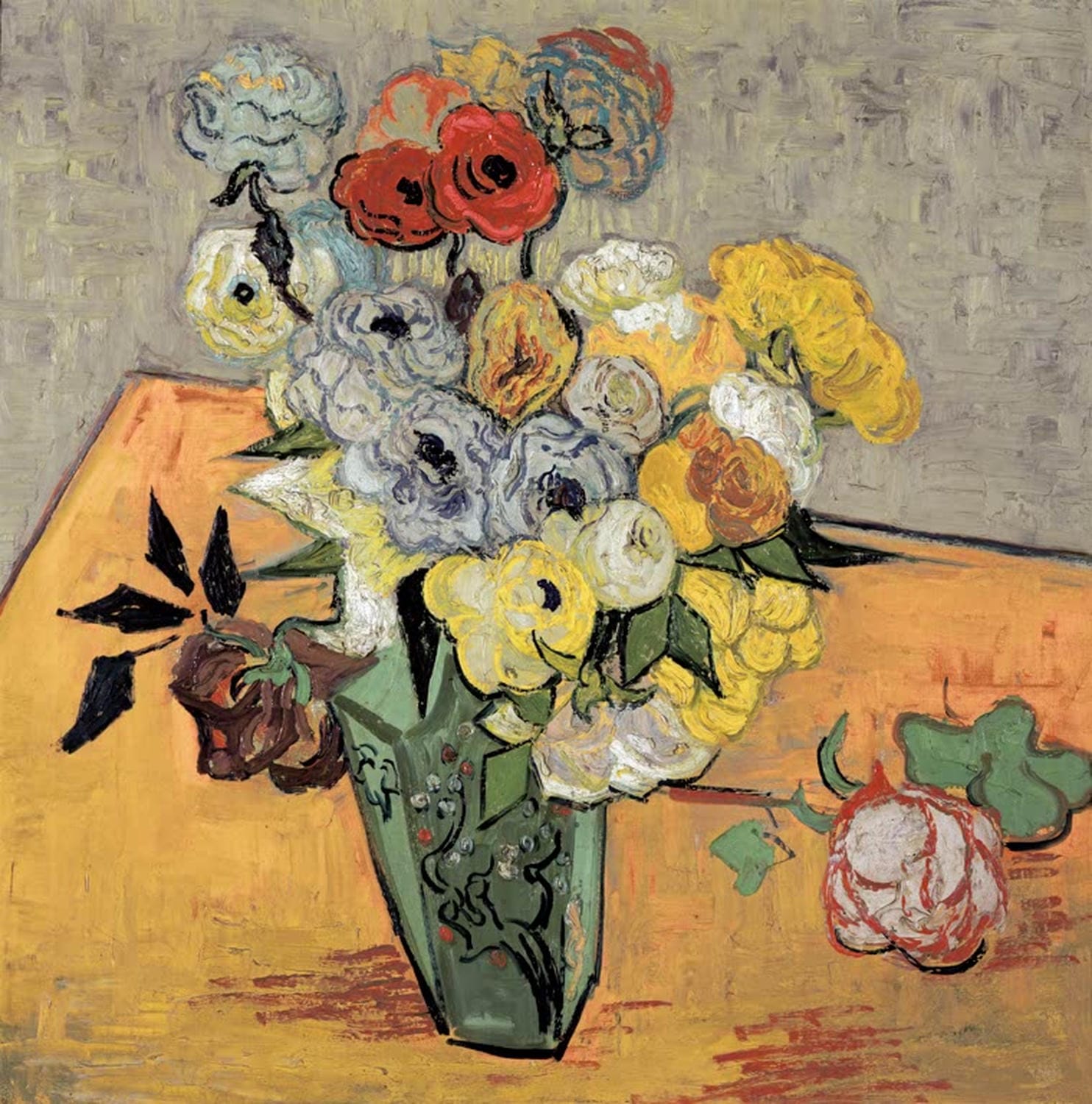Stilleben mit japanischer Vase mit Rosen und Anemonen von Vincent van Gogh – farbenfrohes Blumenstillleben als hochwertiger Kunstdruck auf Poster oder Leinwand erhältlich.