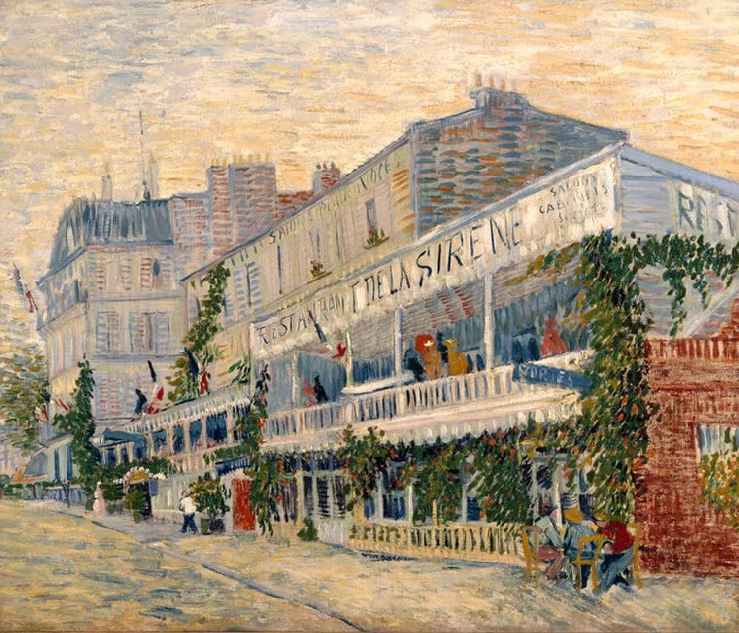 Kunstdruck des Gemäldes „Das Restaurant de la Sirène in Asnières“ von Vincent van Gogh mit Straßenszene vor dem Restaurant in Asnières