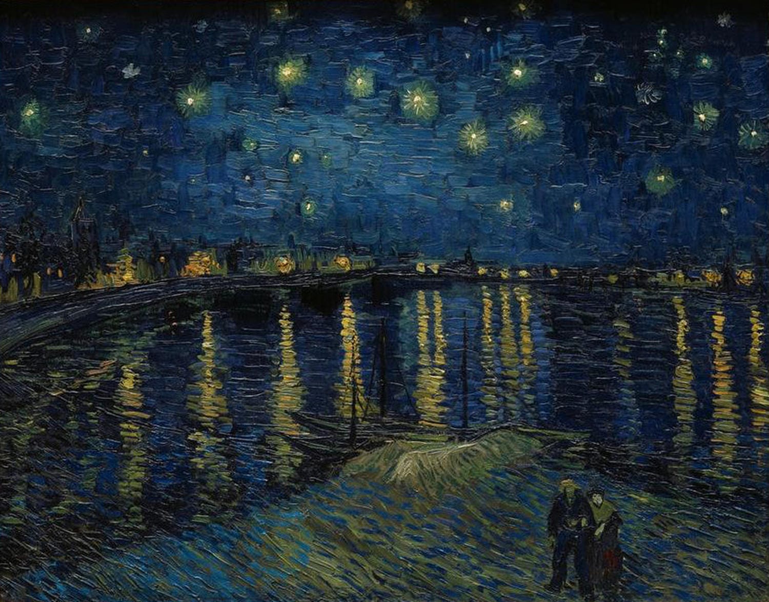 Kunstdruck von 'Sternennacht über der Rhone' von Vincent van Gogh – leuchtende Sterne über einem nächtlichen Fluss mit reflektierenden Lichtern der Stadt Arles.