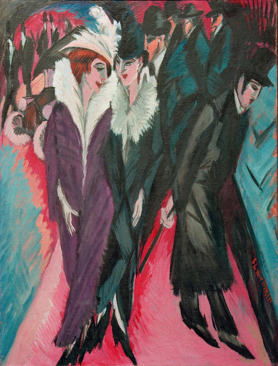 Expressionistische Straßenszene mit Figuren in Bewegung von Ernst Ludwig Kirchner, in kräftigen Farben.