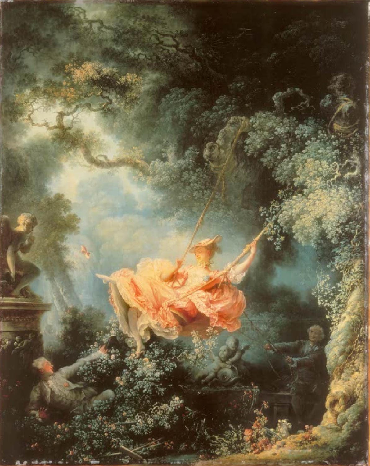Gemälde "Die Schaukel" von Jean Honoré Fragonard – junge Frau auf einer Schaukel im Rokokogarten