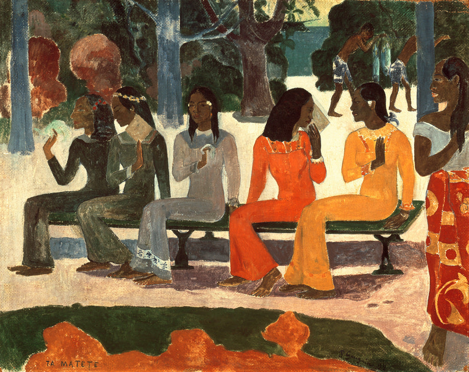 Tahiti-Mädchen mit Korb, dargestellt in leuchtenden Farben, im Gemälde "Ta Matete" von Paul Gauguin.
