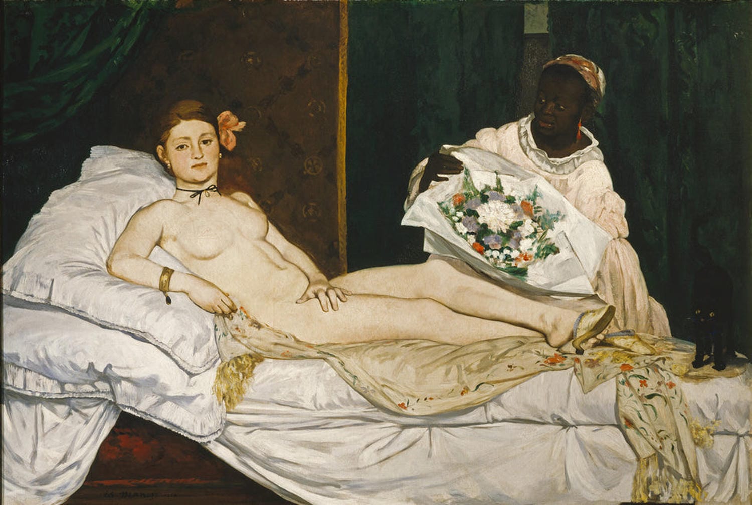 Olympia von Édouard Manet: Eine liegende nackte Frau mit direktem Blick, umgeben von luxuriösen Details, ikonisches Werk der modernen Malerei.