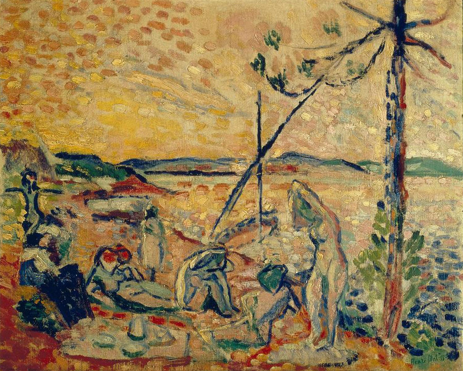 Kunstdruck von Henri Matisses Luxus, Stille und Begierde, das eine idyllische Szene mit zwei Figuren in einer Landschaft darstellt.