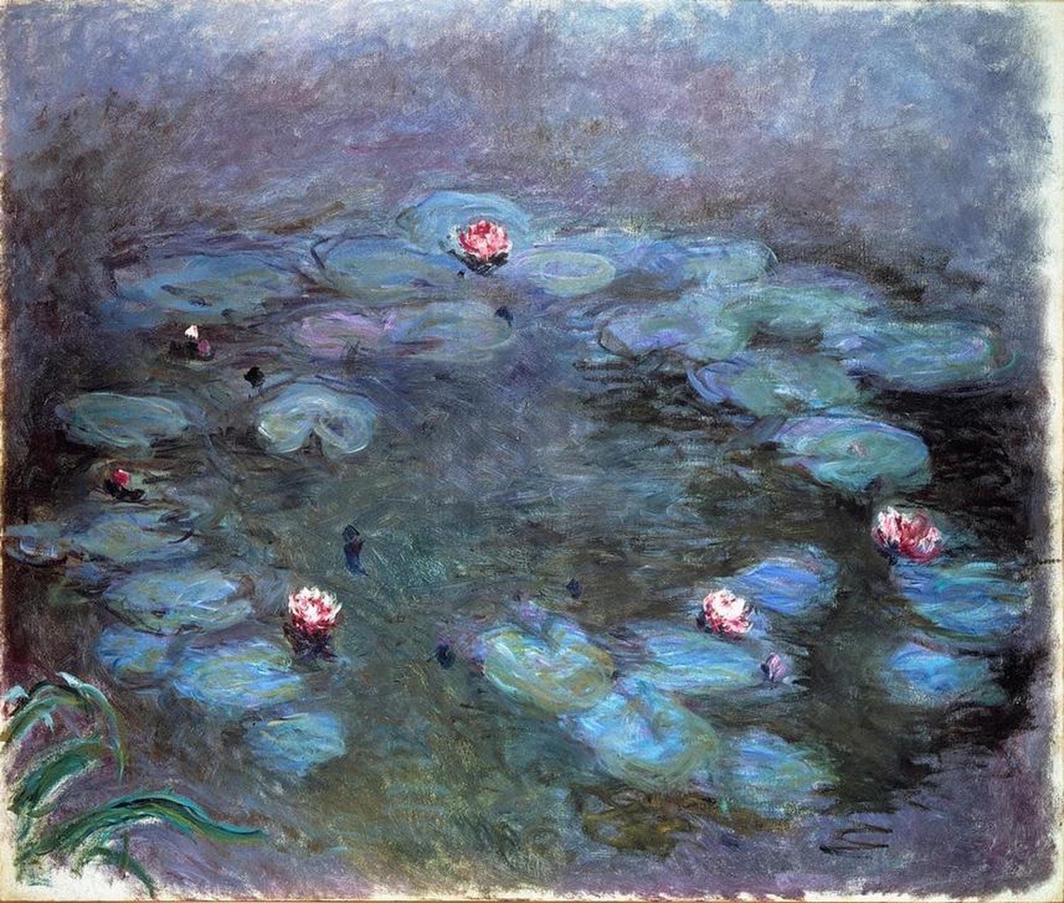 Seerosen von Claude Monet: Impressionistisches Gemälde eines Teichs mit schwimmenden Seerosen in sanften Rosa-, Grün- und Blautönen, durchzogen von natürlichen Lichtreflexionen.