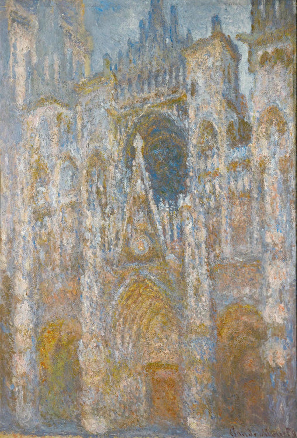 Die Kathedrale von Rouen im Morgenlicht; Harmonie in Blau von Claude Monet: Impressionistisches Gemälde der Kathedrale, beleuchtet von sanftem Morgenlicht, in einer Palette aus Blau- und Grautönen, die die Struktur in atmosphärischem Licht einfängt.