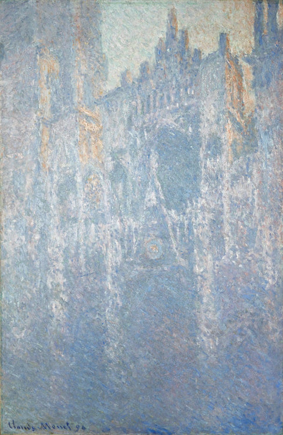 Kathedrale von Rouen, Morgens Nebel von Claude Monet: Impressionistisches Gemälde der Kathedrale, umhüllt von weichem Morgennebel, mit zarten Licht- und Farbschattierungen in Grau- und Blautönen.