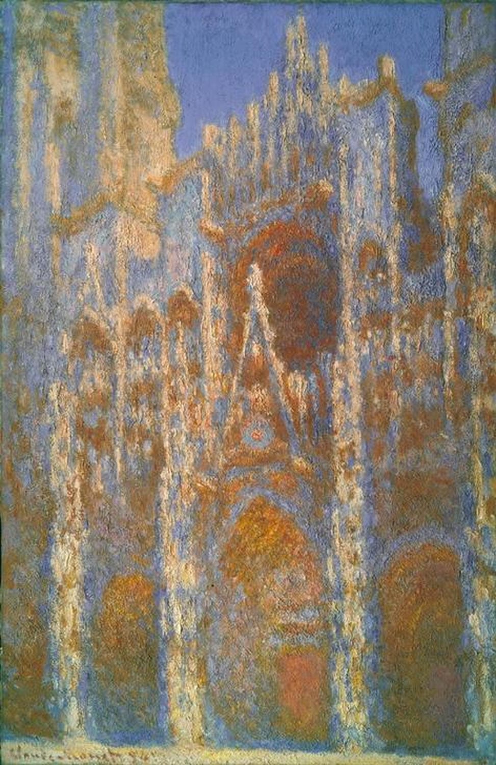 Die Kathedrale von Rouen in der Sonne von Claude Monet: Impressionistisches Gemälde der Kathedrale, die in warmem Sonnenlicht erstrahlt, mit lebendigen Farben und detaillierten Lichtreflexionen auf der Fassade.