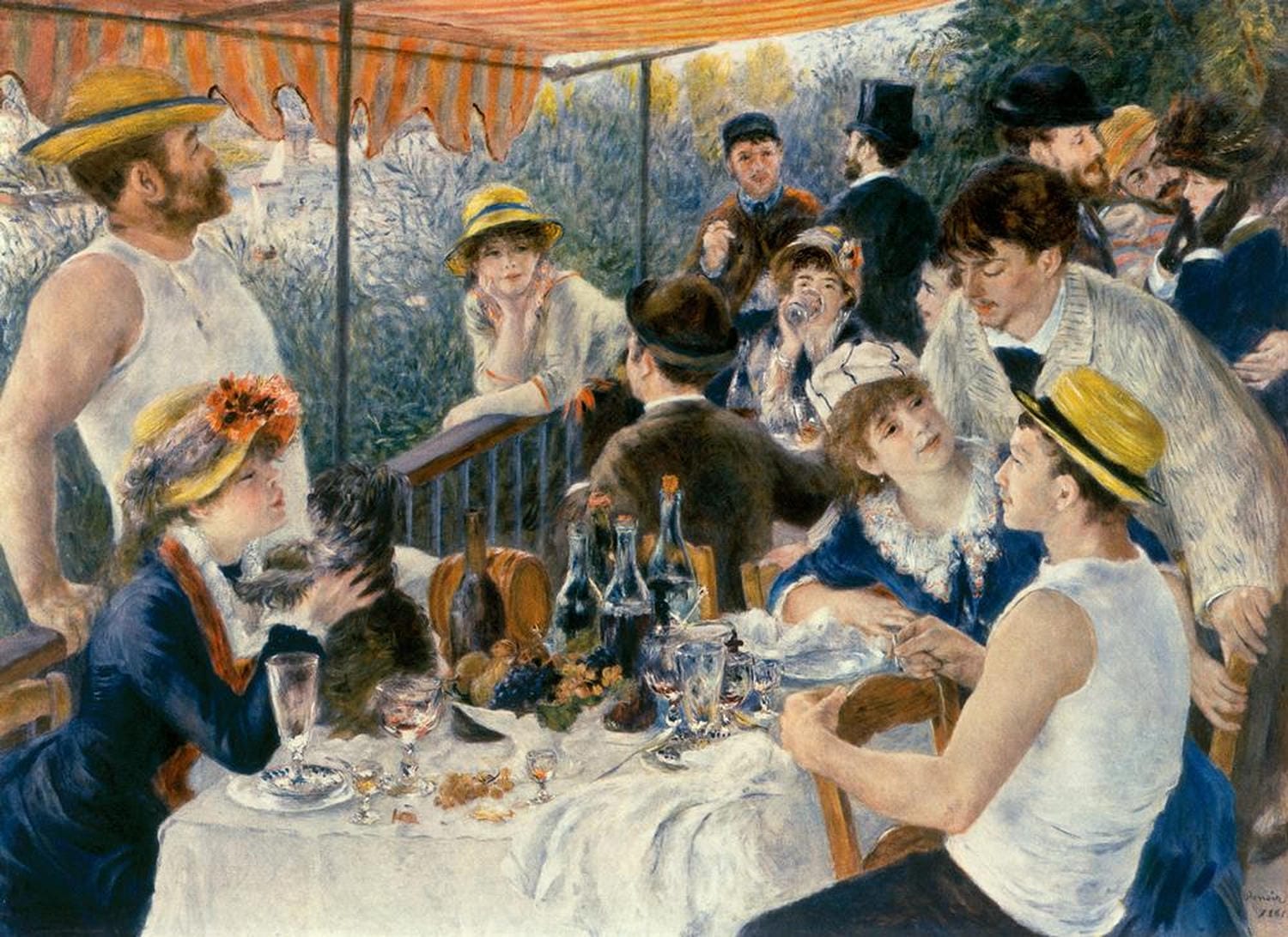 "
Das Gemälde Das Frühstück der Ruderer von Pierre-Auguste Renoir zeigt eine lebendige Szene mit mehreren Männern, die im Freien bei einem gemütlichen Frühstück am Flussufer sitzen. Der malerische Impressionismus wird durch die sanfte Lichtführung und die lebendige Atmosphäre perfekt eingefangen."