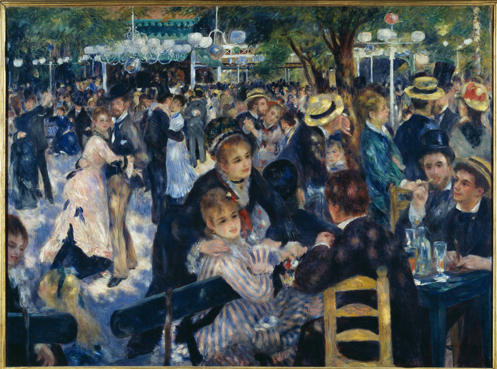 Impressionistisches Gemälde von Pierre-Auguste Renoir, das eine lebhafte Szene im Freien zeigt: Menschen tanzen, essen und unterhalten sich unter schattigen Bäumen auf dem Bal du moulin de la Galette in Paris, mit weichen, lichtdurchfluteten Farben.