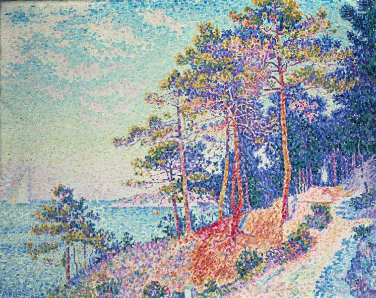 „Saint-Tropez, Der Zollpfad“ von Paul Signac – farbenfrohe mediterrane Küstenlandschaft mit Küstenweg, Vegetation und blauem Meer.