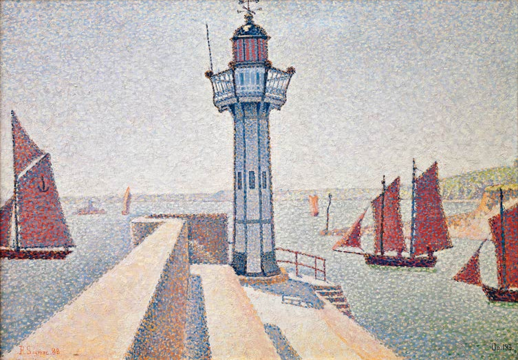 „Der Leuchtturm von Portrieux“ von Paul Signac – farbenfrohe neoimpressionistische Küstenlandschaft mit Leuchtturm, Meer und Himmel.