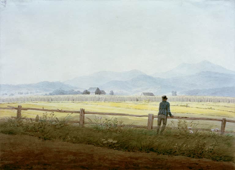 „Gebirgslandschaft mit Figur (Schmiedeberger Kamm)“ von Caspar David Friedrich – romantische Berglandschaft mit einer Figur und markanten Felsen.