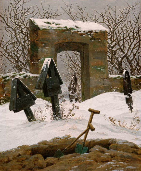 „Friedhof im Schnee“ von Caspar David Friedrich – verschneiter Friedhof mit gotischer Kirchenruine und kahlen Bäumen.