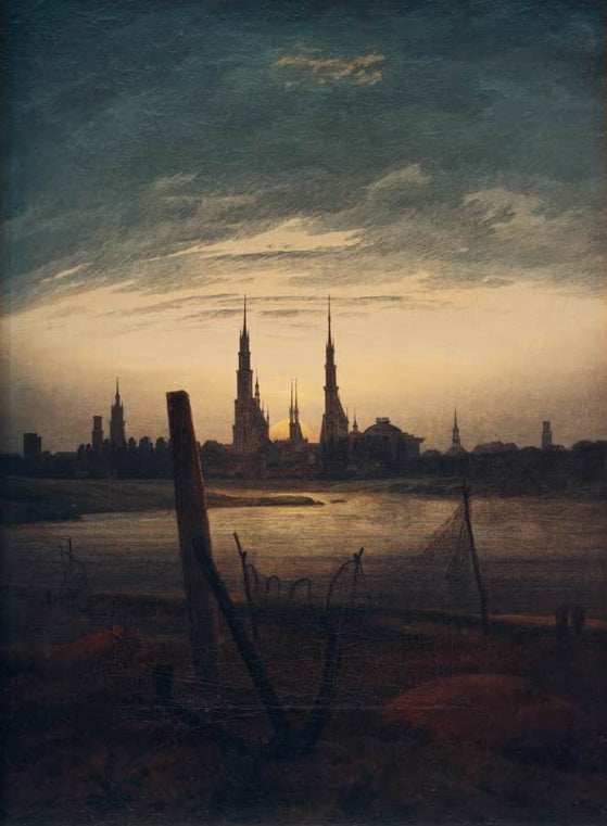 „Stadt bei Mondaufgang“ von Caspar David Friedrich – romantische Stadtszene mit Architektur im Mondlicht und ruhiger Atmosphäre.