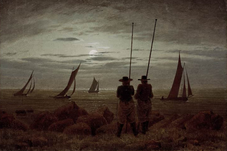„Mondnacht am Strand mit Fischern“ von Caspar David Friedrich – romantische Küstenlandschaft mit Fischern am Strand im Mondlicht.