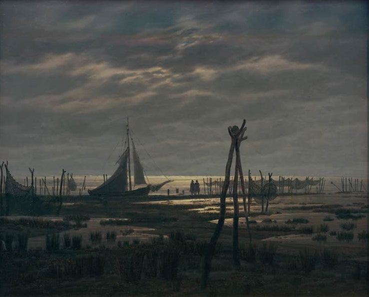 „Sumpfiger Strand“ von Caspar David Friedrich – romantische Küstenlandschaft mit sumpfigem Ufer und weiter Natur.