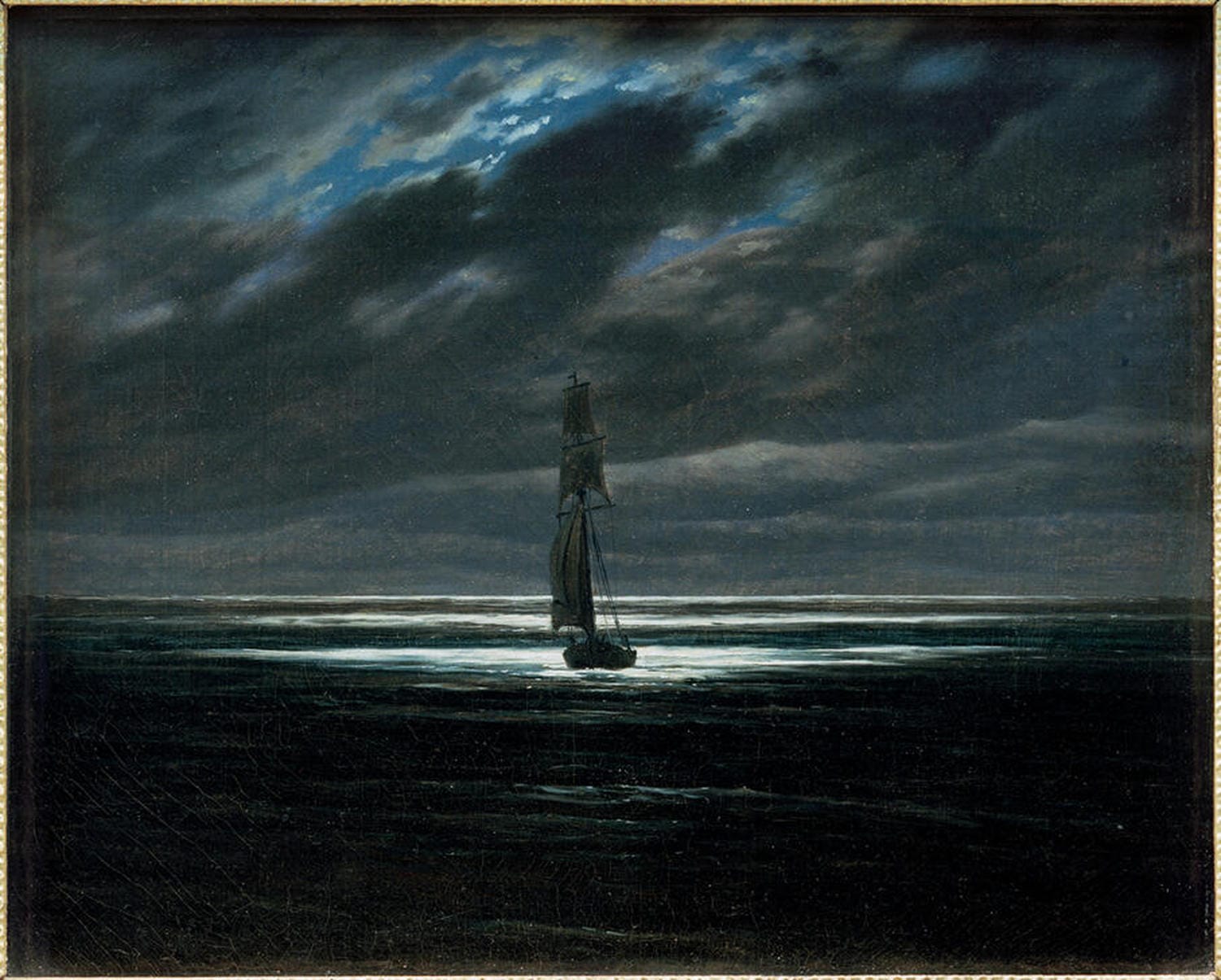 Stimmungsvolle Meereslandschaft bei Nacht mit Mondschein – Gemälde von Caspar David Friedrich.