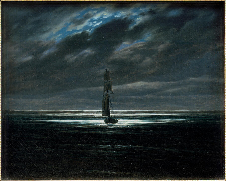Stimmungsvolle Meereslandschaft bei Nacht mit Mondschein – Gemälde von Caspar David Friedrich.