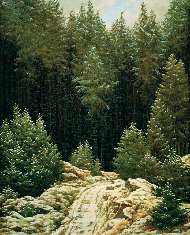 „Frühschnee“ von Caspar David Friedrich – romantische Winterlandschaft mit erster Schneedecke und ruhiger Atmosphäre.