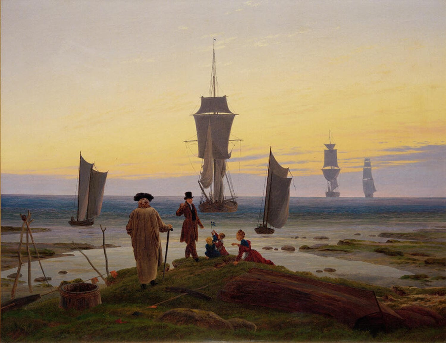 Symbolische Landschaft mit fünf Figuren verschiedenen Alters am Strand, Gemälde von Caspar David Friedrich.