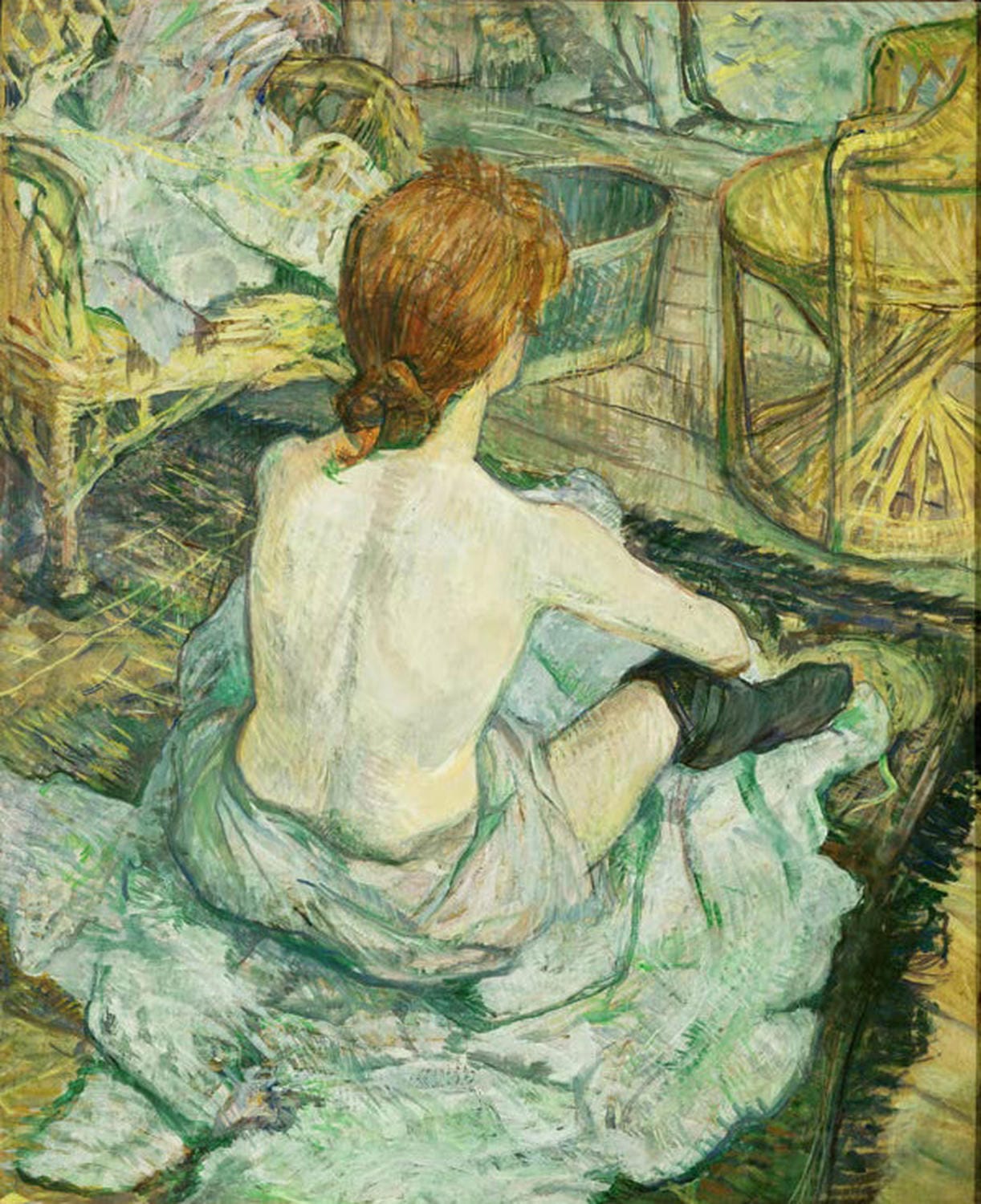Henri de Toulouse-Lautrec Gemälde „La Toilette“ – impressionistisches Bild einer Frau beim Frisieren in elegantem, fließendem Stil.