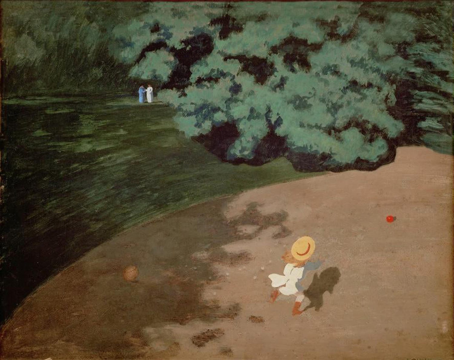 Kunstdruck von Félix Vallottons Gemälde Der rote Ball, das eine Figur mit einem leuchtend roten Ball in einer symbolistischen Szenerie zeigt. Die starke Farbwirkung und die klaren Linien zeichnen das Werk aus.