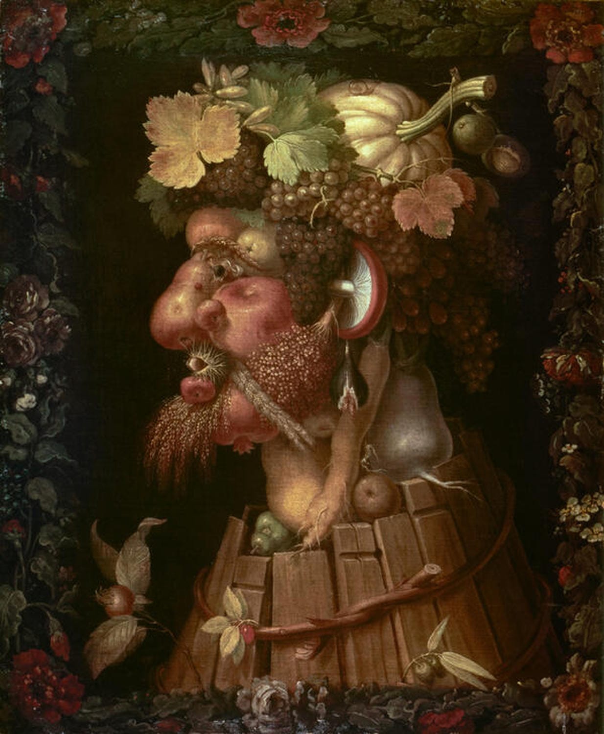 Kunstdruck von Giuseppe Arcimboldos Der Herbst, das ein Porträt zeigt, das aus Trauben, Äpfeln, Kürbissen und anderen Früchten besteht und die Fülle der Erntezeit symbolisiert.