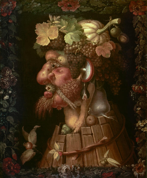Kunstdruck von Giuseppe Arcimboldos Der Herbst, das ein Porträt zeigt, das aus Trauben, Äpfeln, Kürbissen und anderen Früchten besteht und die Fülle der Erntezeit symbolisiert.