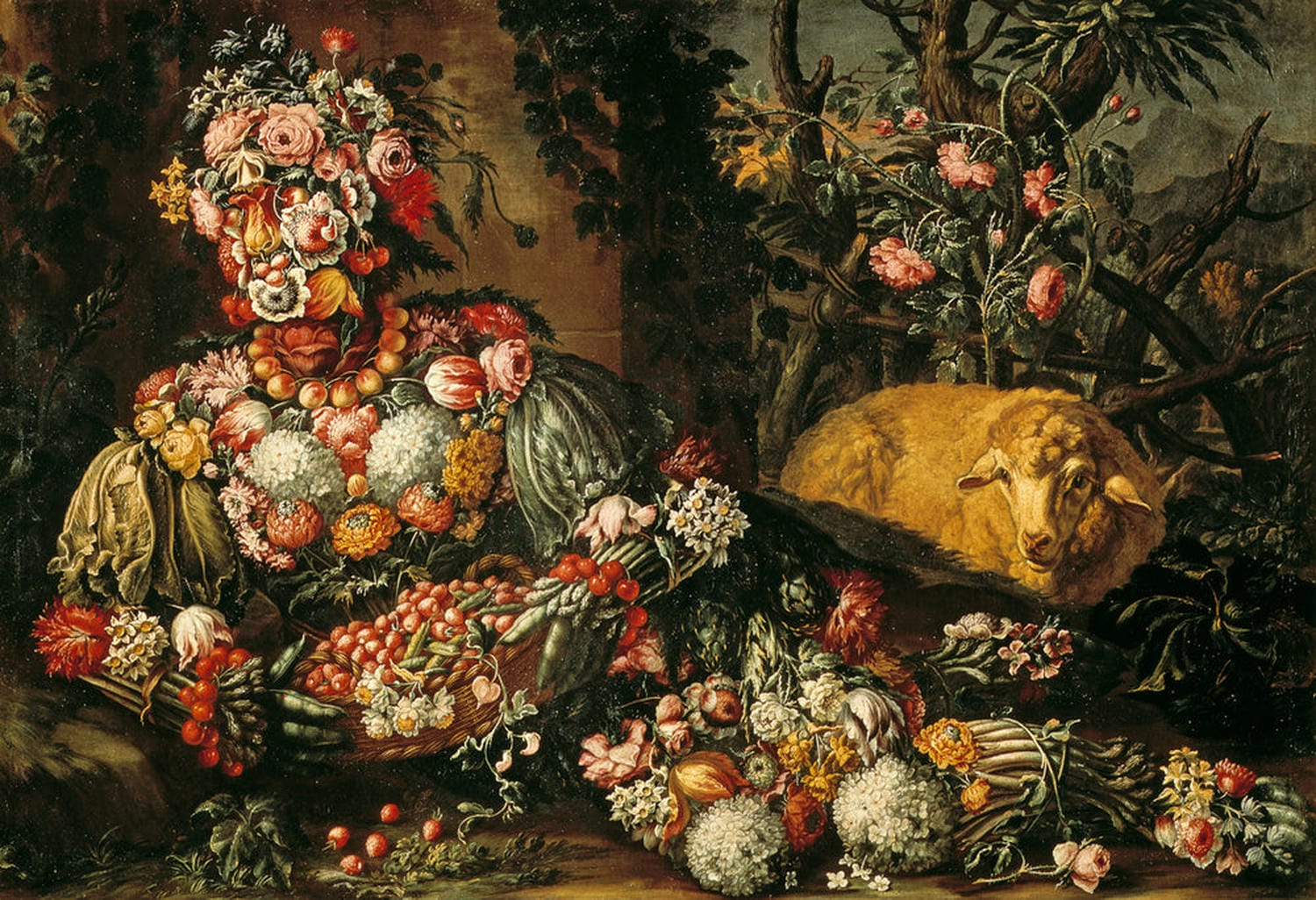 Gemälde „Der Frühling“ von Giuseppe Arcimboldo im Querformat – florale Figur mit Schaf im Hintergrund