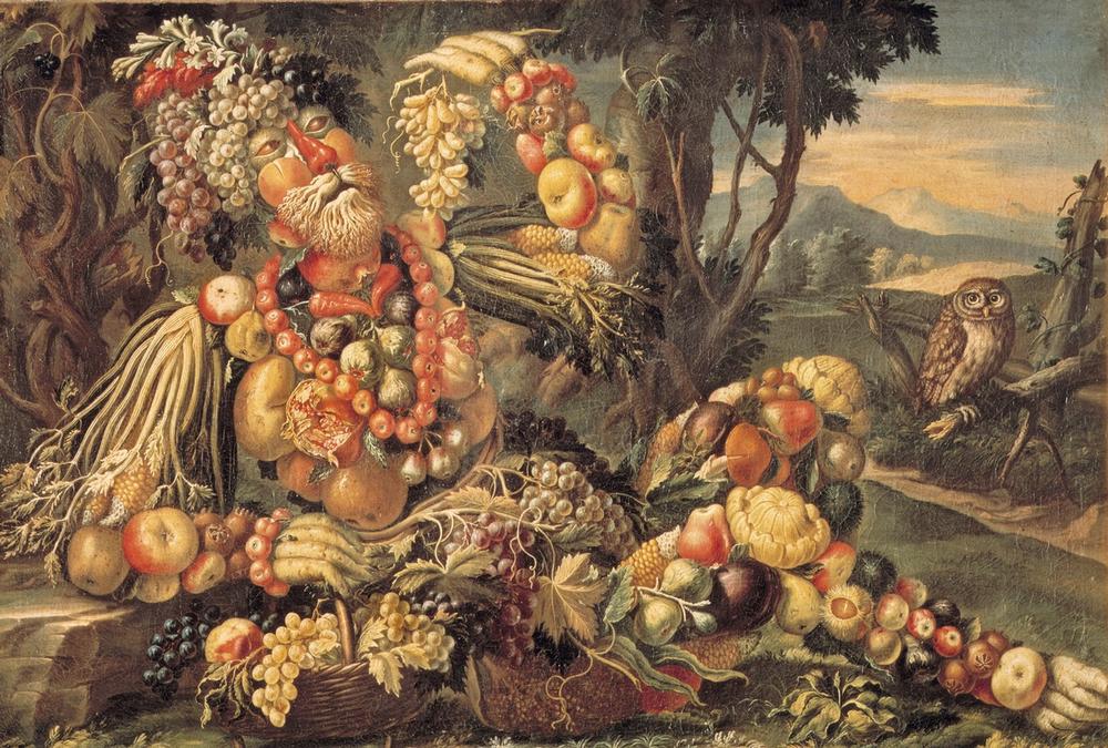Gemälde „Der Herbst“ von Giuseppe Arcimboldo – Silhouette aus Früchten mit Eule im Hintergrund