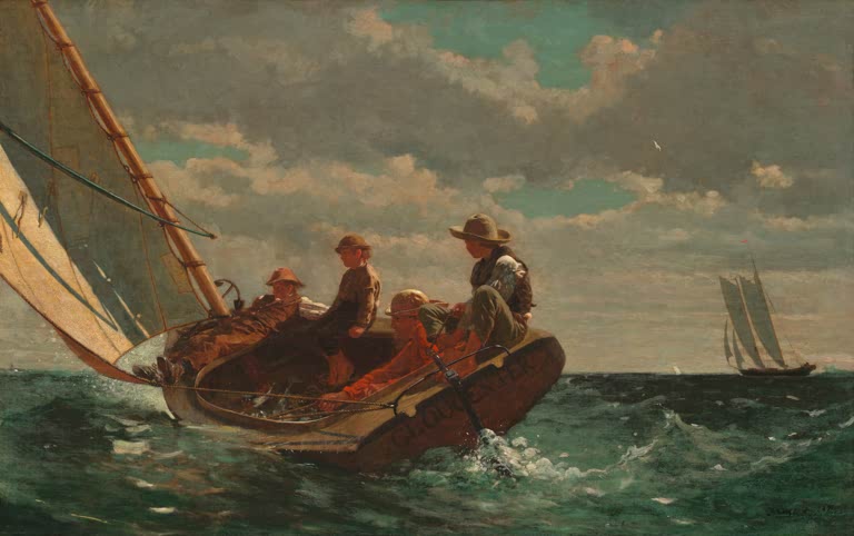 Breezing Up (ein schöner Wind) von Winslow Homer, Segelboot mit vier Personen, realistisches Meeresmotiv