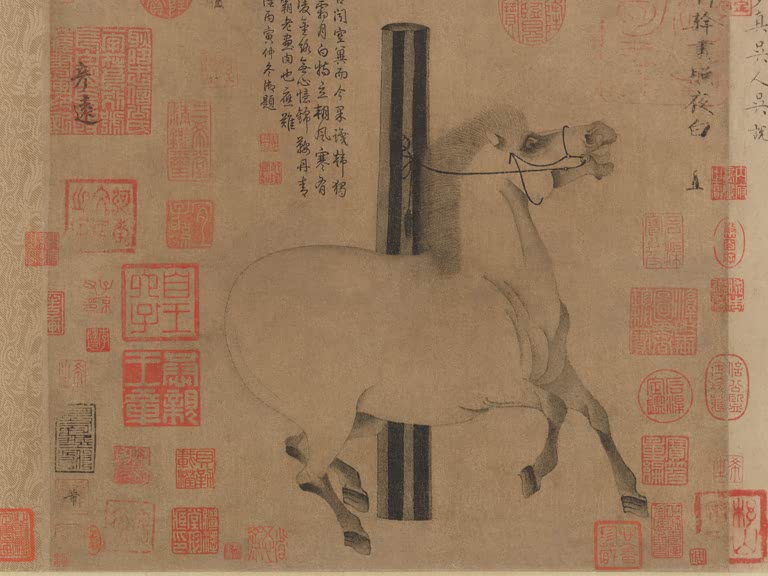 Chinesisches Tuschegemälde eines stolzen weißen Pferdes, lebendig dargestellt von Han Gan.
