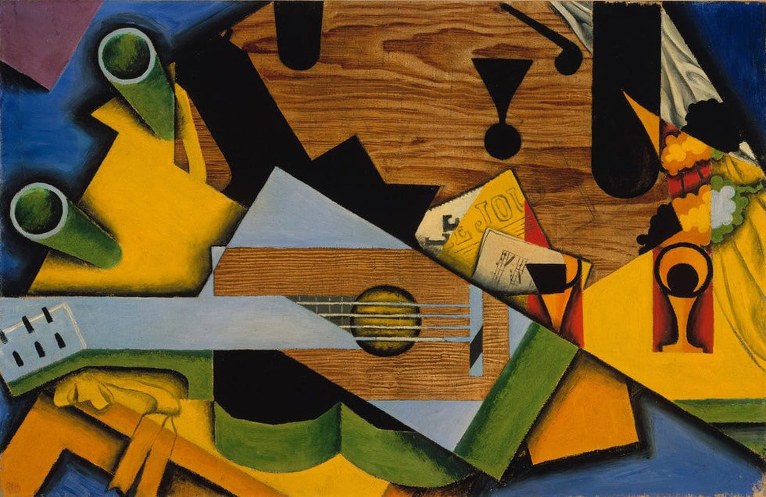 Kunstdruck von Juan Gris' „Stillleben mit Gitarre“, ein kubistisches Gemälde aus dem Jahr 1913, das eine Gitarre und andere Gegenstände in geometrischen Formen und harmonischen Farben zeigt.