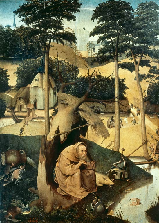 Hieronymus Bosch Gemälde „Die Versuchung des Heiligen Antonius“ – surrealistische Darstellung mit bizarren, fantastischen Kreaturen und dunkler Symbolik.