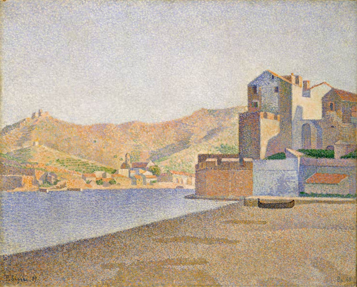„Collioure, La Plage de la ville, Opus 165“ von Paul Signac – farbenfroher Stadtstrand von Collioure mit mediterranem Meer und leuchtenden Farben.