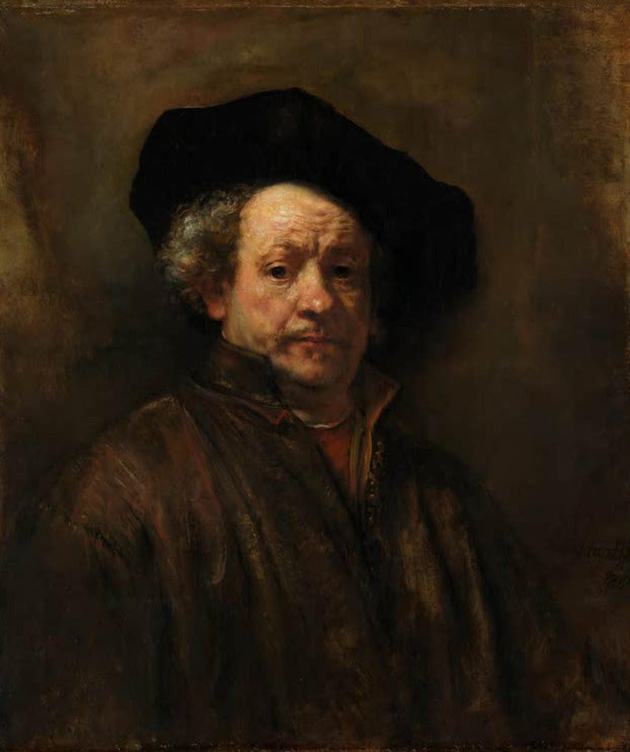 Selbstporträt von Rembrandt van Rijn, gemalt in Öl auf Leinwand, zeigt den Künstler mit direktem Blick, warmen Brauntönen und ausdrucksstarkem Licht-Schatten-Spiel.