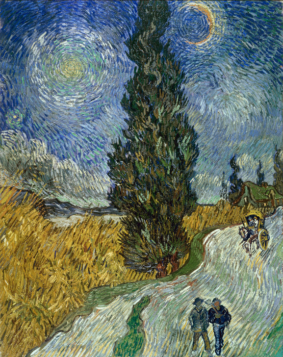 Zypressenweg bei Nacht mit funkelndem Sternenhimmel, gemalt in lebhaften Farben von Vincent van Gogh.