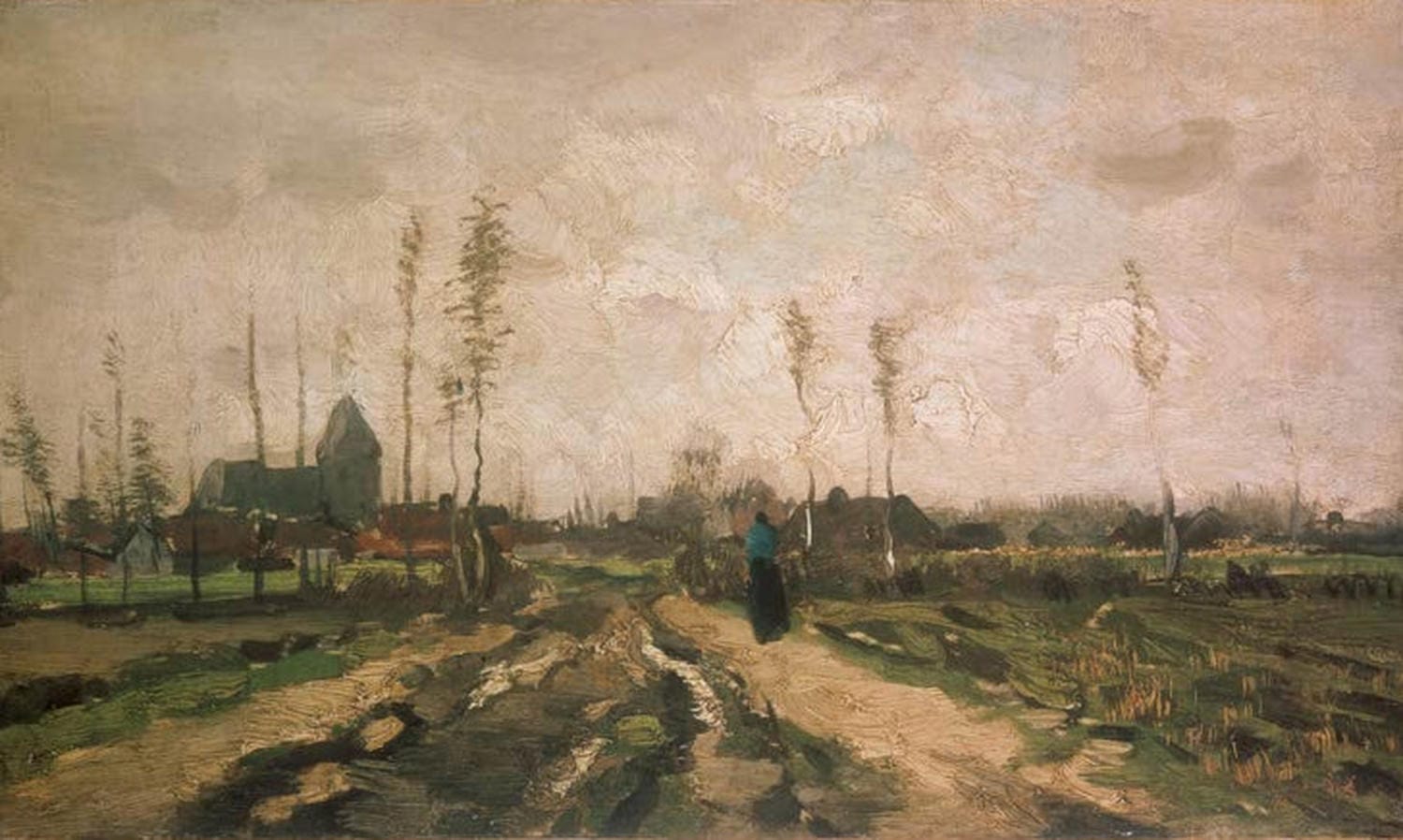 Kunstdruck des Gemäldes „Landschaft mit Kirche und Häusern“ von Vincent van Gogh mit Dorfhäusern, Kirche und hügeliger Landschaft in lebendigen Farben